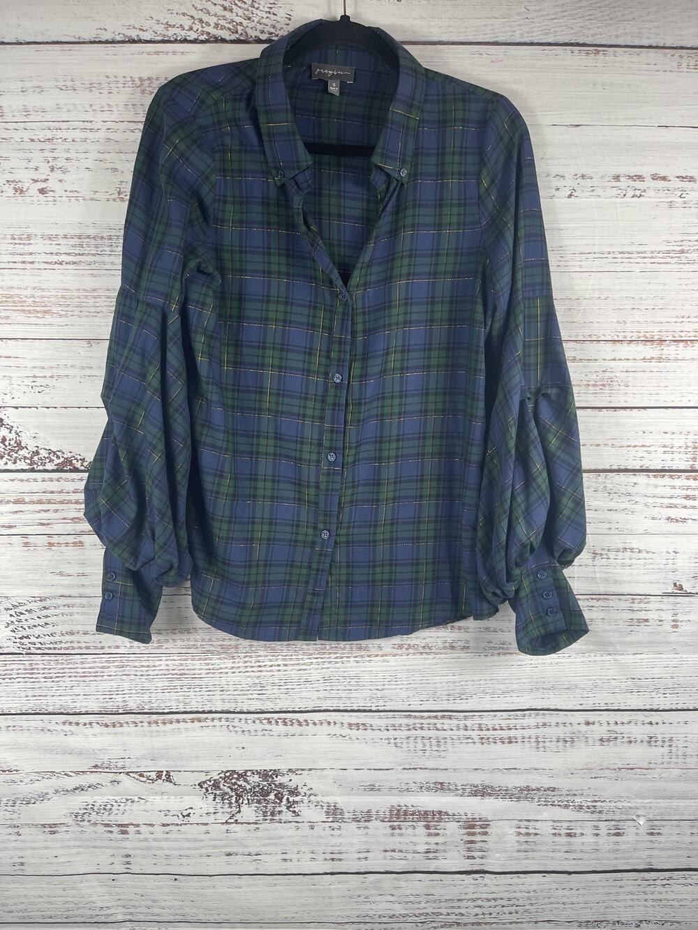 Greyson Shirt Women's Small Blue Green Plaid Button Down Long Puff Sleeve Cuffed